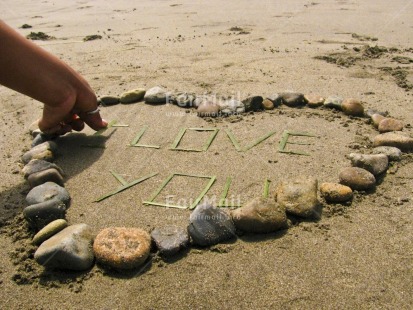 Fair Trade Photo Beach, Colour image, Day, Hand, Heart, Horizontal, Letter, Love, Outdoor, Peru, Sand, Seasons, South America, Stone, Summer, Valentines day