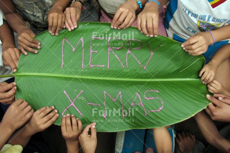 Fair Trade Photo Christmas, Closeup, Colour image, Day, Green, Group of children, Hand, Latin, Leaf, Letter, Outdoor, People, Peru, South America