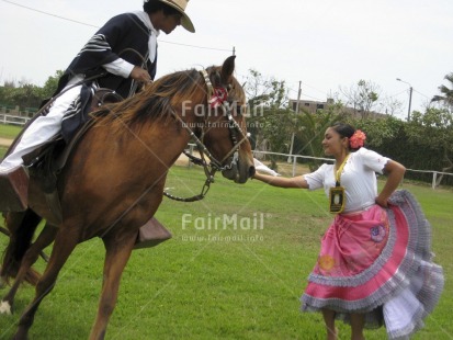 Fair Trade Photo Animals, Black, Clothing, Colour image, Dance, Dancing, Ethnic-folklore, Festivals and Performances, Horizontal, Horse, Love, Marinera, Marriage, One man, One woman, Outdoor, People, Peru, Pink, South America, Traditional clothing, Travel